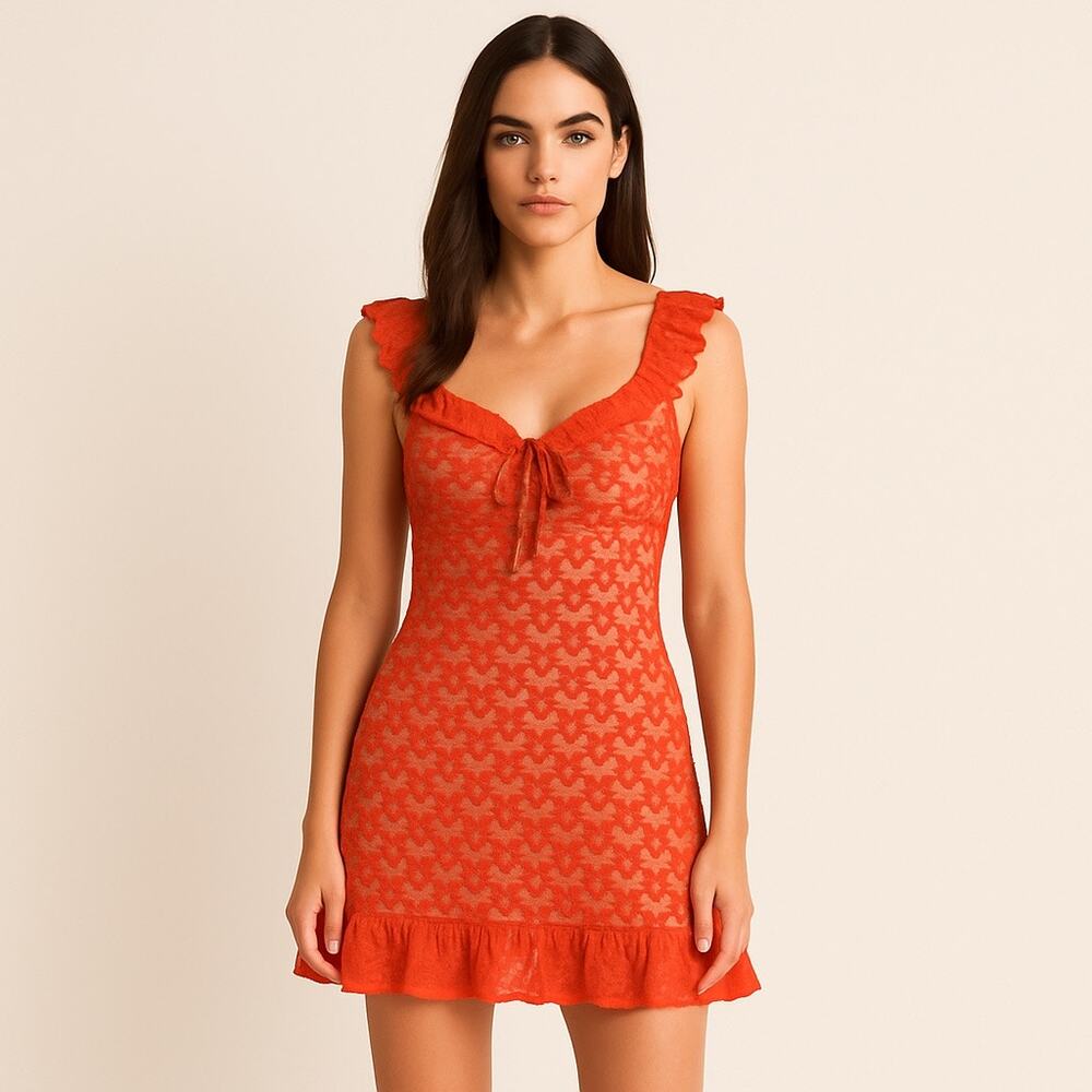Fab'rik Red Floral Lace Embroidered V Neck Ruffle Sleeve A Line Mini Dress L